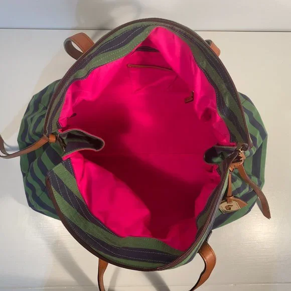 Dooney & Bourke Green Blue Striped Fabric Brown Leather Strap Large Tote Bag - Picture 6 of 10